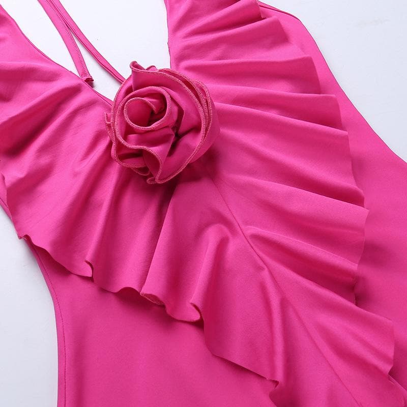 Halter flower applique backless ruffle u neck solid mini dress  | red tango dress