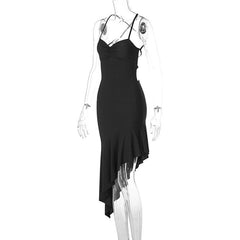 Ruched irregular cross back ruffle cami midi dress  | black rave dress