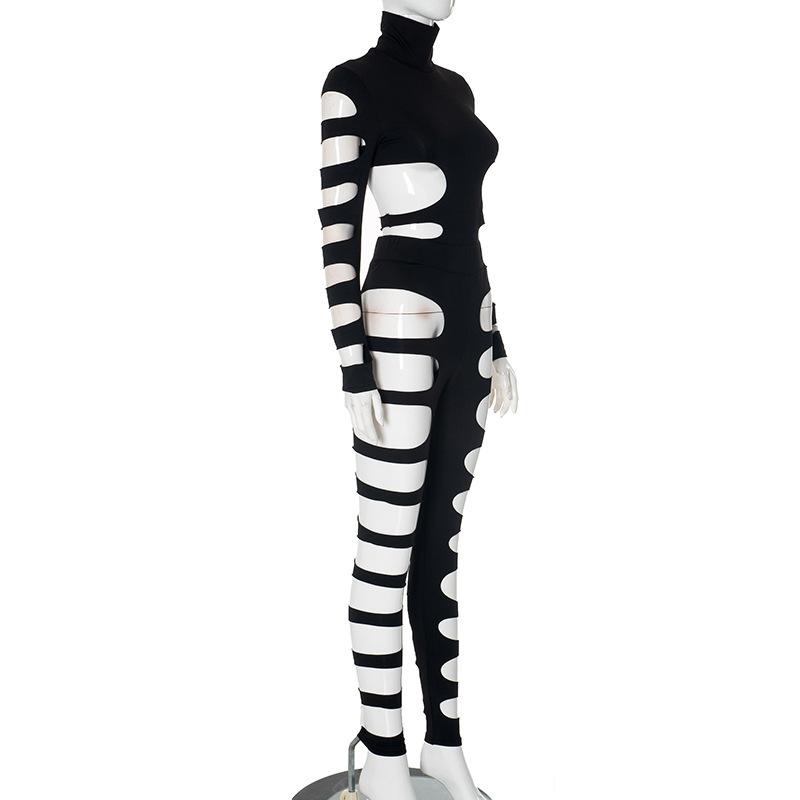 High neck long sleeve hollow out pant set