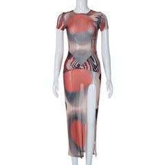 Short sleeve crewneck sheer mesh high slit print midi dress  | samba dress