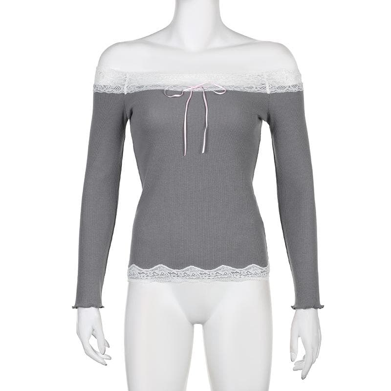 Long sleeve off shoulder ruffle lace hem bowknot ribbed top
