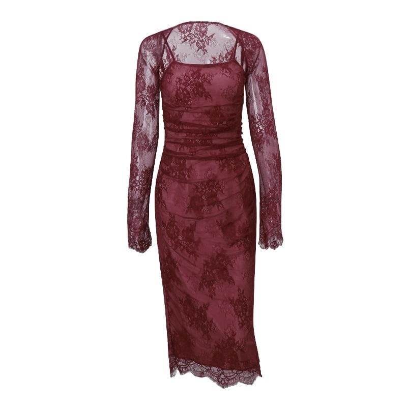 Long sleeve lace up shrug 2 piece cami midi dress  | red tango dress