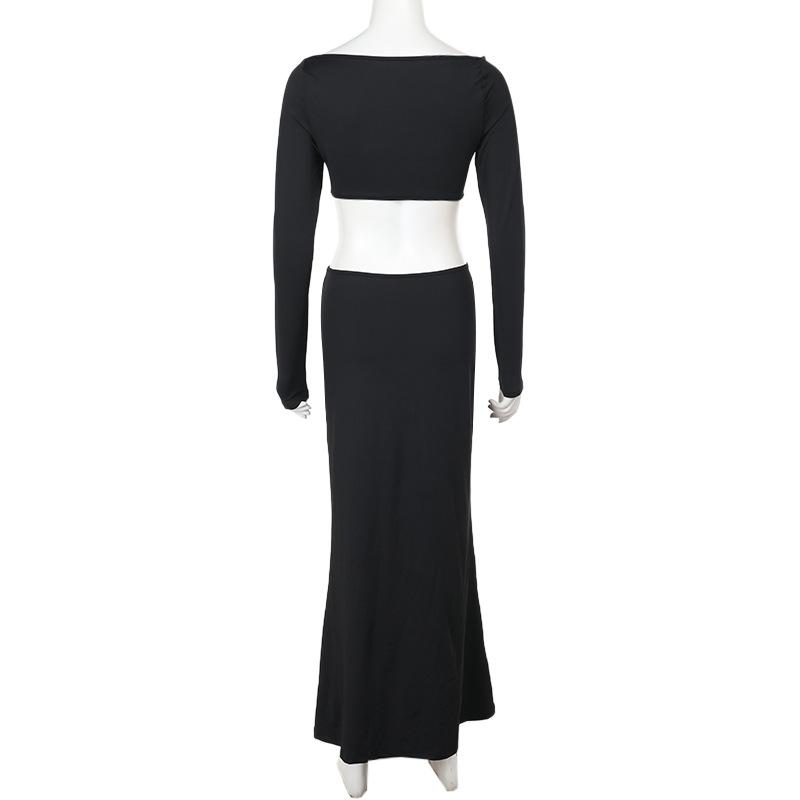 Long sleeve hollow out solid maxi dress