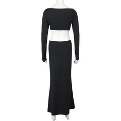 Long sleeve hollow out solid maxi dress