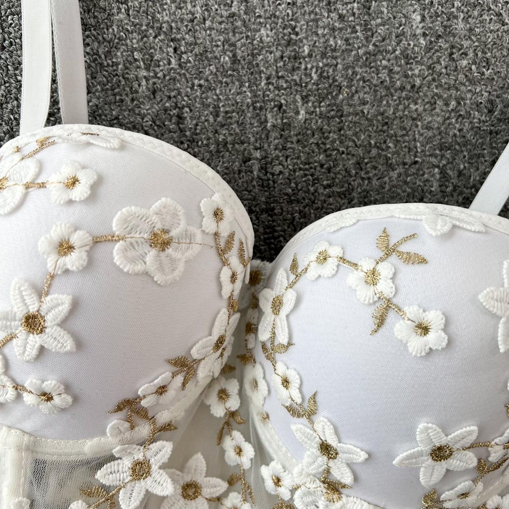Embroidery padded bustier flower applique cami top