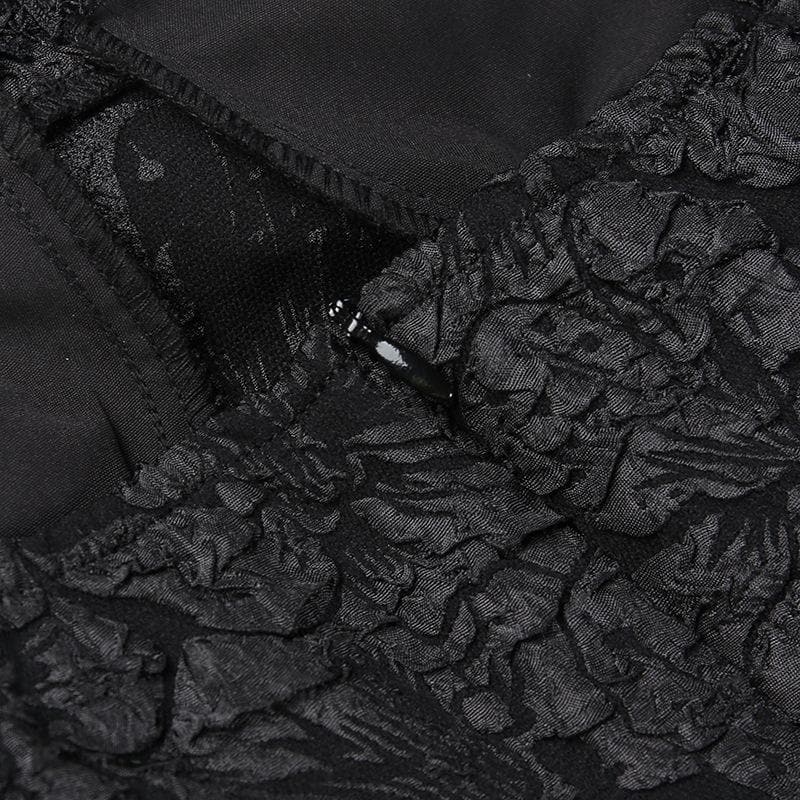 Textured cross applique ruffle halter zip-up lace up mini dress  | black rave dress
