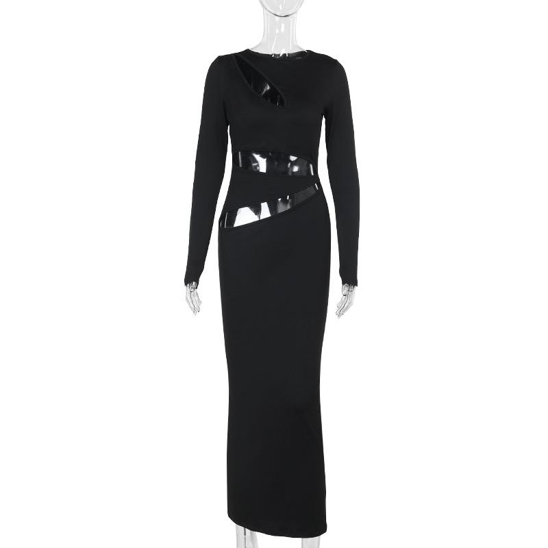 Long sleeve crewneck hollow out maxi dress