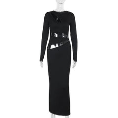 Long sleeve crewneck hollow out maxi dress