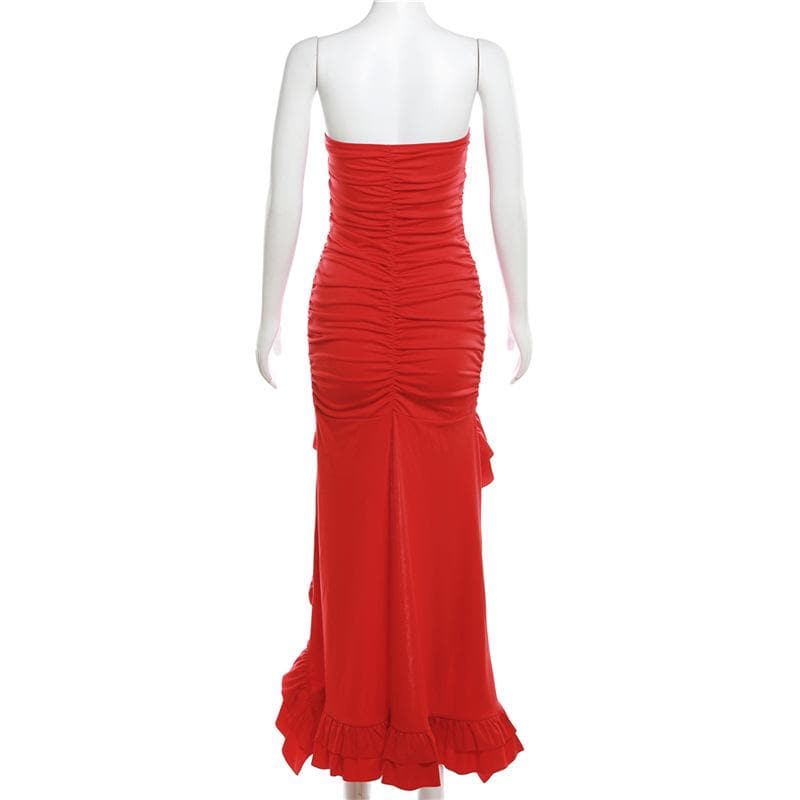 Ruched ruffle solid backless tube maxi dress  | red tango dress