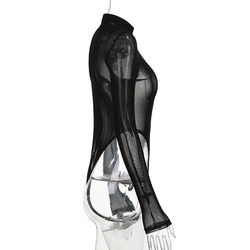 Sheer mesh high neck zip up front bodysuit