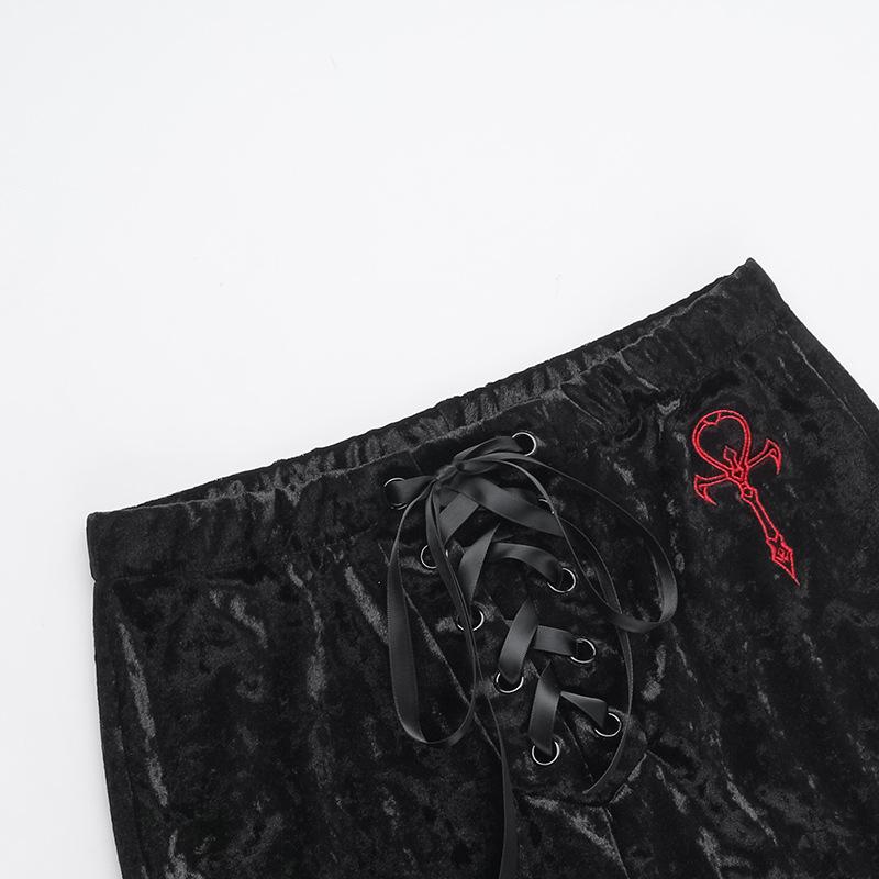 Lace up velvet embroidery medium rise pant