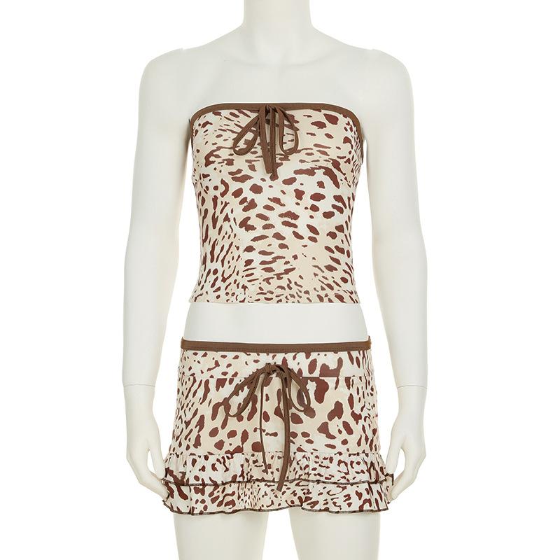 Leopard print bowknot tube mini skirt set