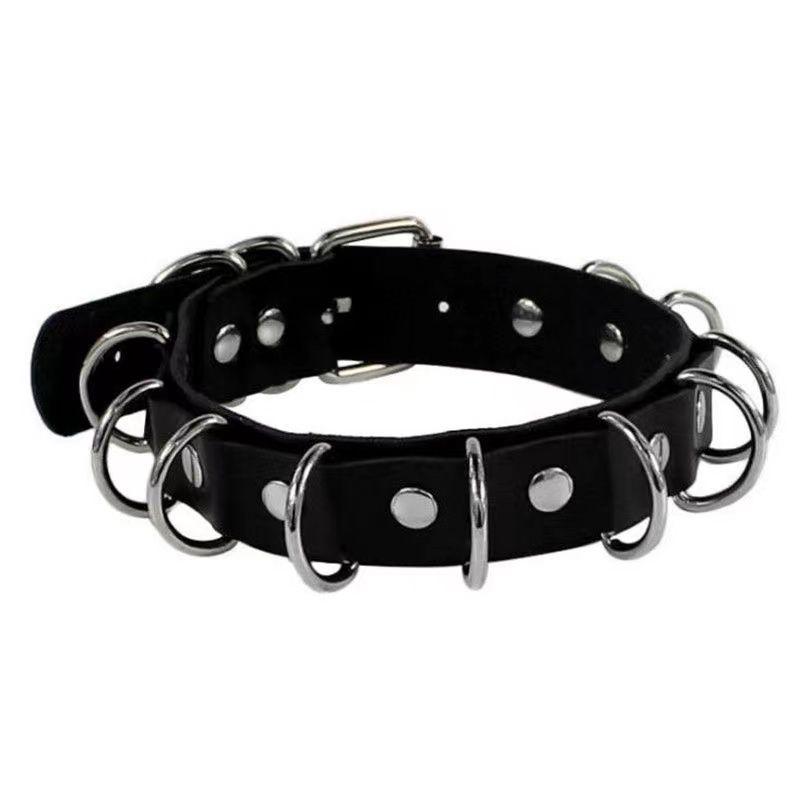 PU leather rivet o ring metal chain necklace