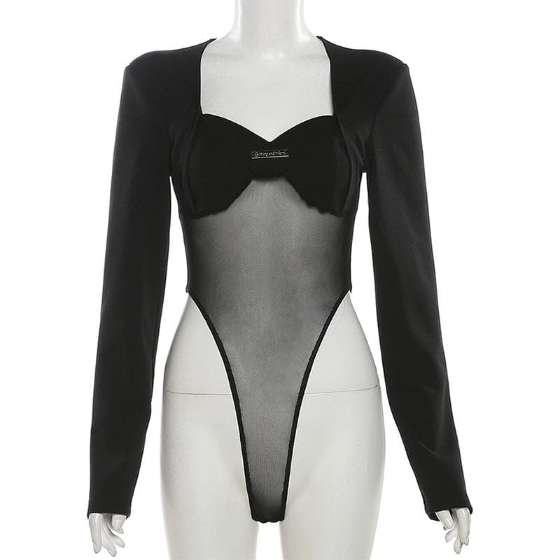 Long sleeve metal tag mesh patchwork bodysuit