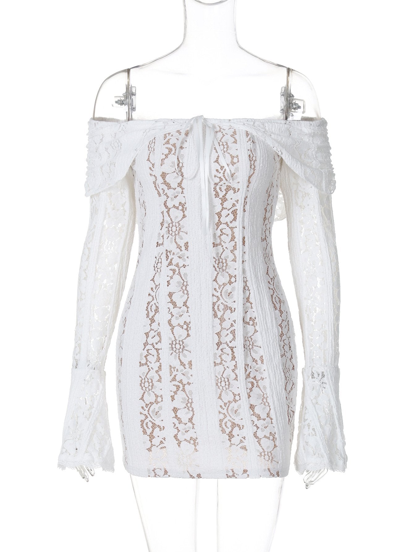 Off shoulder long sleeve lace bowknot mini dress