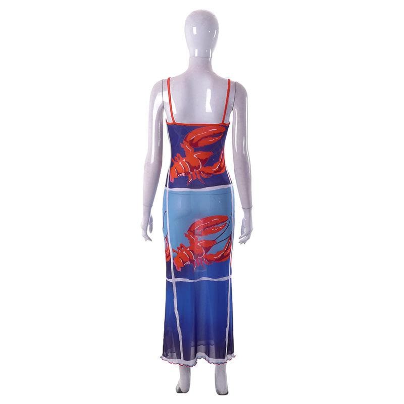 Sheer mesh lobster see through contrast print ruffle cami midi dress  | samba dress