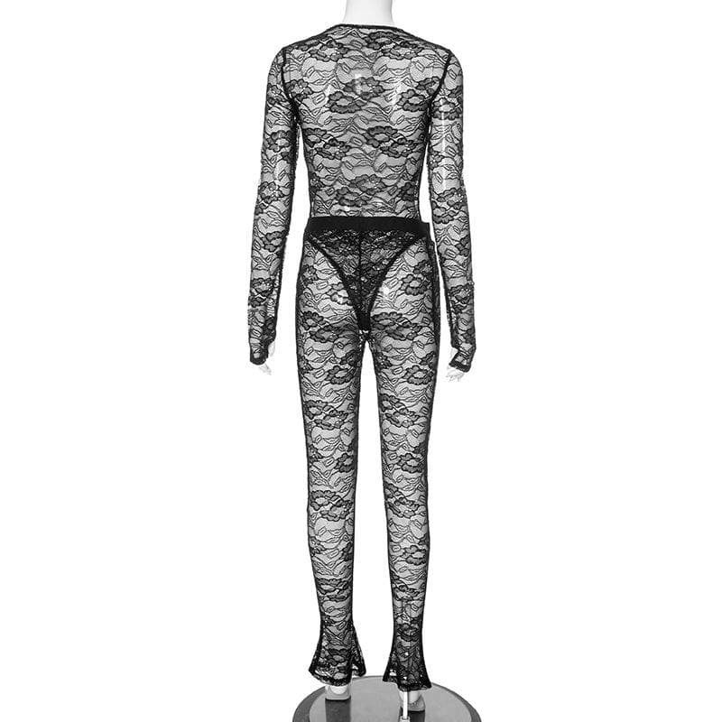 Long sleeve hollow out lace see through pant set