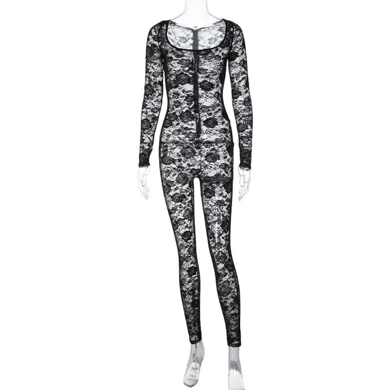 Lace solid zip-up long sleeve see through round neck jumpsuit