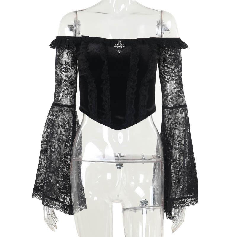 Long flared off shoulder lace cross applique top