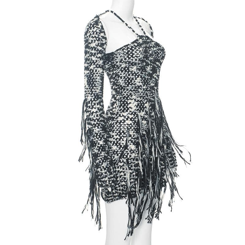 Long sleeve knitted tassels cross back contrast mini dress  | black rave dress