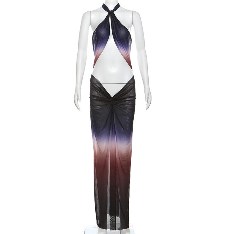 Ruched halter self tie cross front sheer mesh gradient maxi dress  | samba dress