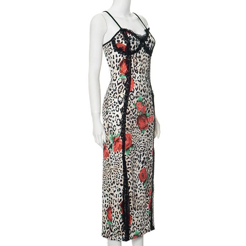 Leopard print sweetheart neck lace hem slit cami maxi dress