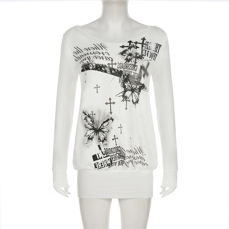 Long sleeve butterfly print backless top