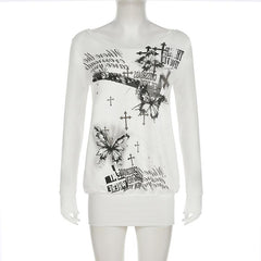 Long sleeve butterfly print backless top
