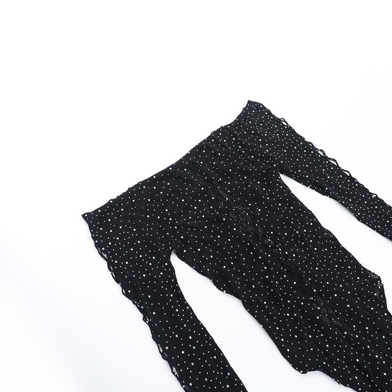 Off shoulder long sleeve beaded hollow out fishnet bodysuit