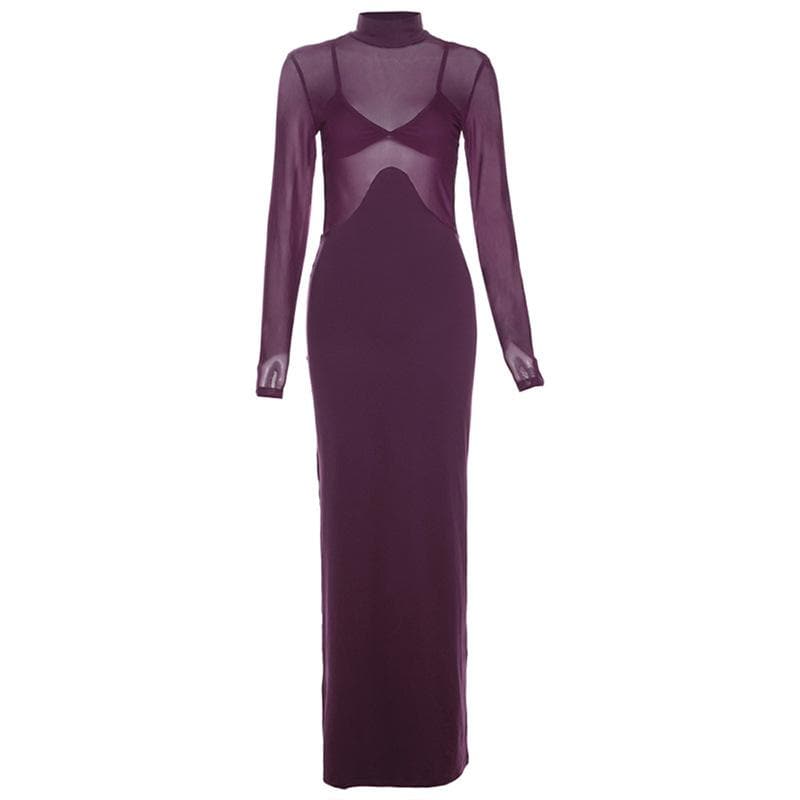 Long sleeve backless high neck patchwork mesh maxi dress