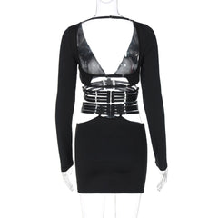 Long sleeve v neck adjustable o ring mini skirt set