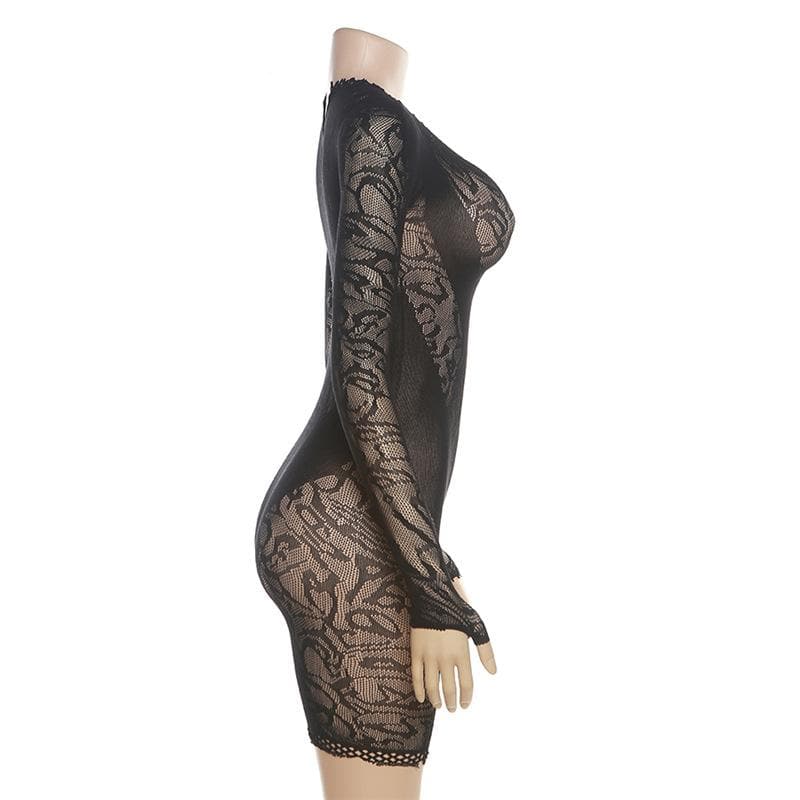 Long sleeve gloves see through fishnet romper