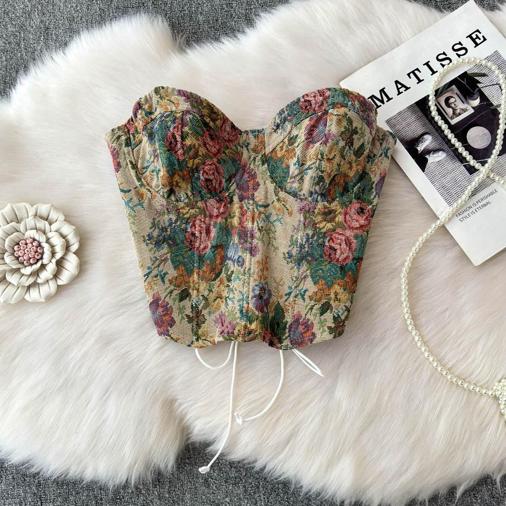 Sweetheart neck lace up bustier flower print top