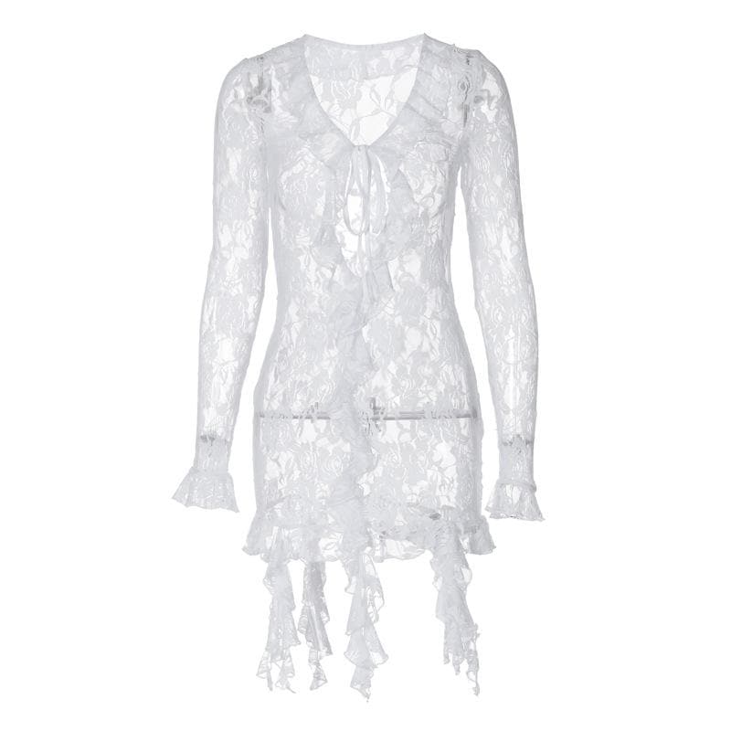 Long flared sleeve ruffle lace see through mini dress  | red tango dress