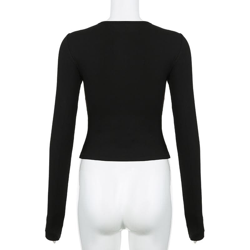 Lace hem hollow out contrast crewneck long sleeve cut out top