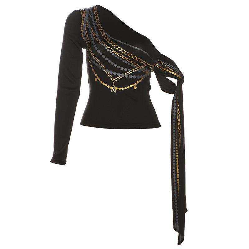 One shoulder long sleeve metal chain print top