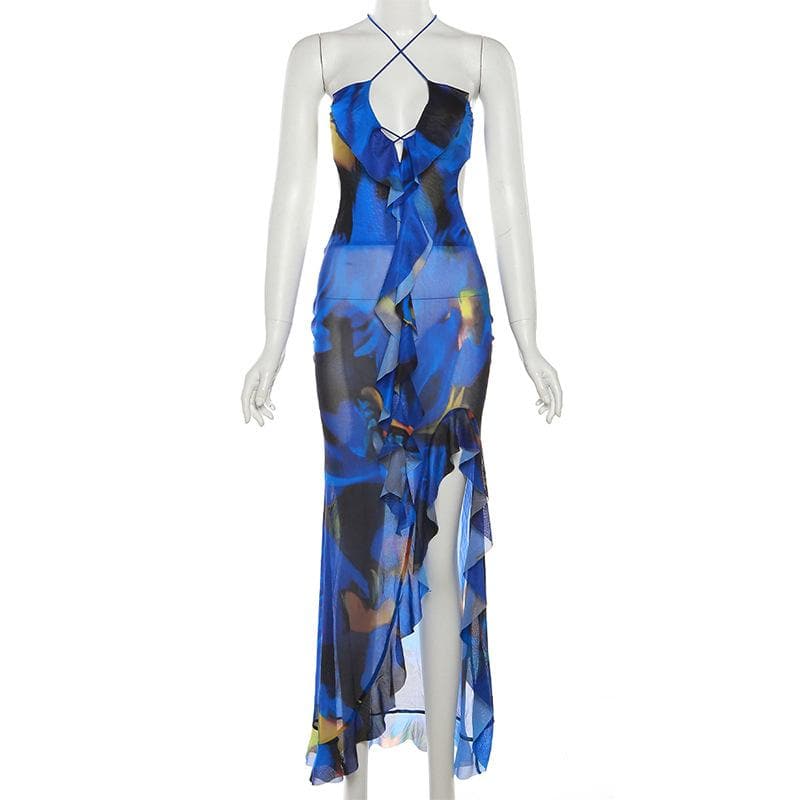 Cross front backless sheer mesh see through slit contrast print maxi dress  | samba dress