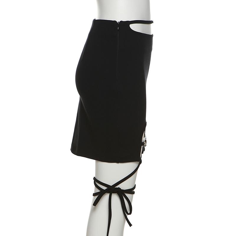 Hollow out metal chain self tie zip-up mini skirt