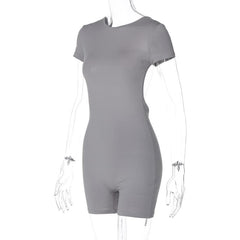 Short sleeve crewneck solid backless hollow out romper