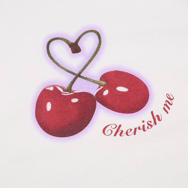 Cherry pattern patchwork contrast cap sleeve crewneck crop top