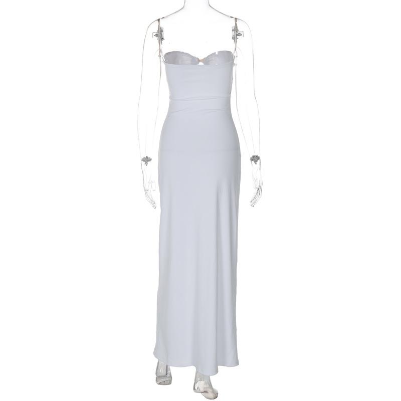 Sweetheart neck shell metal tag button hollow out tube maxi dress