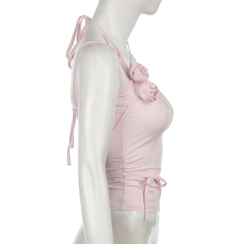 Flower applique knotted square neck cami top