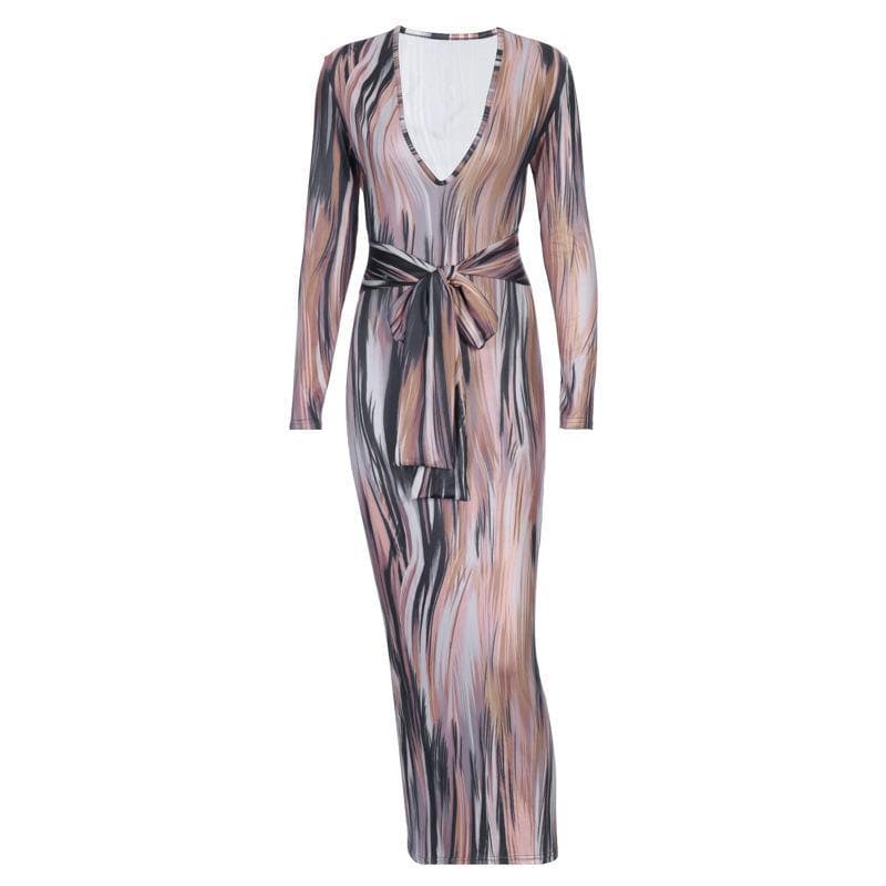 Long sleeve deep v neck knotted print maxi dress