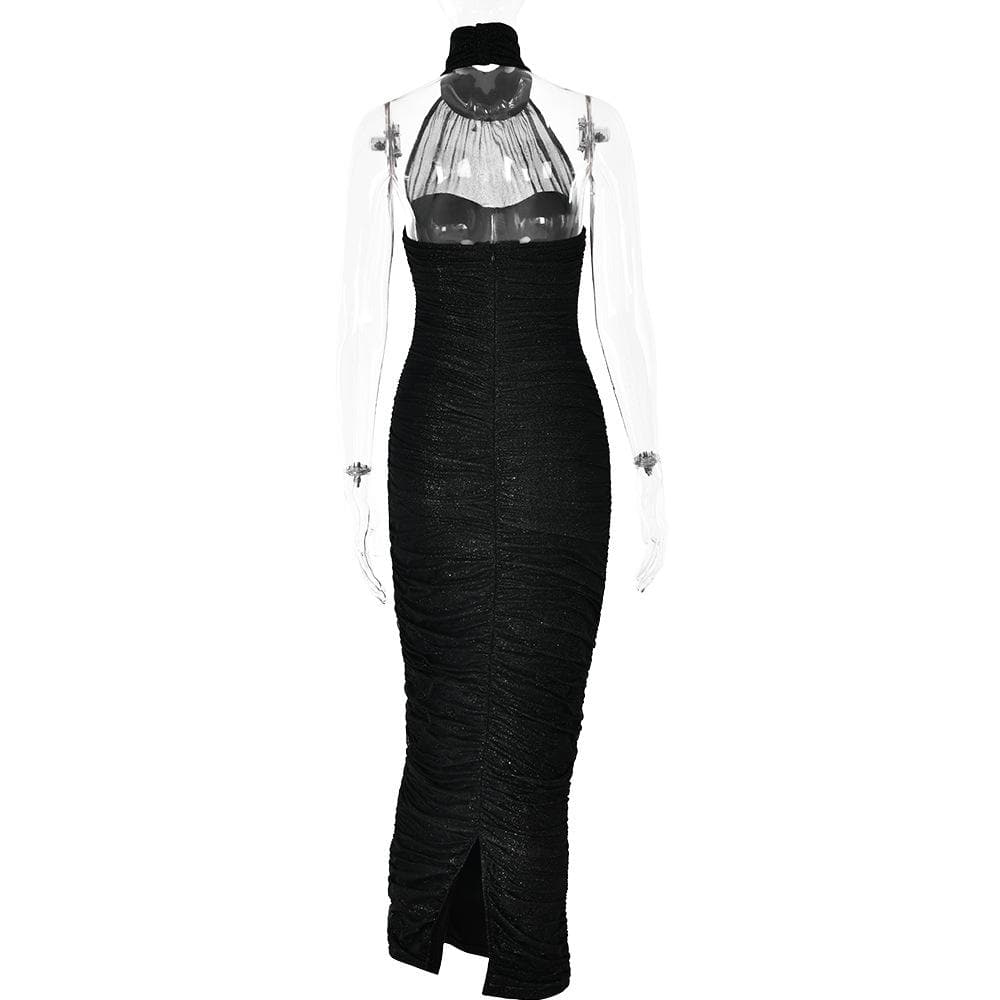 High neck ruched glitter zip-up slit backless maxi dress