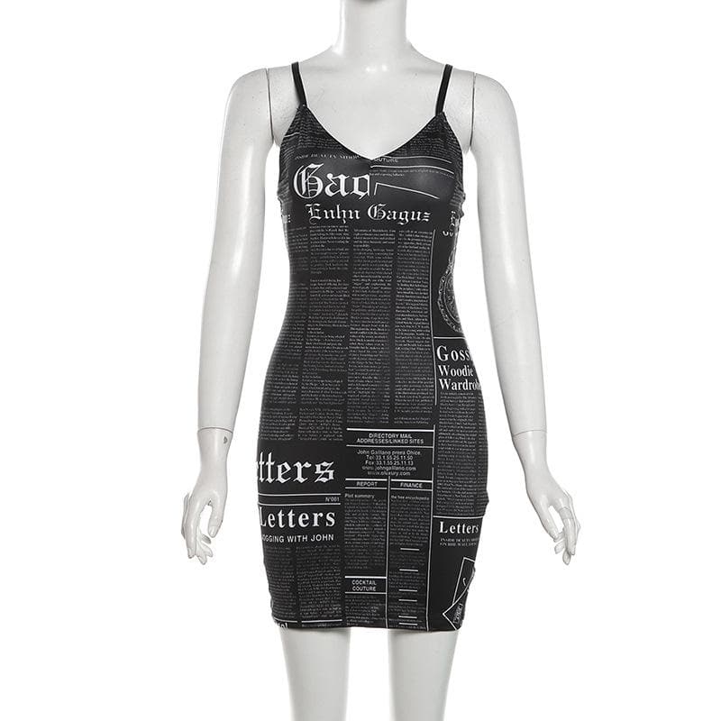 V neck letter print backless cami mini dress