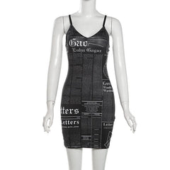 V neck letter print backless cami mini dress