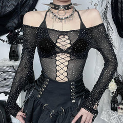 Off shoulder long sleeve beaded hollow out fishnet bodysuit