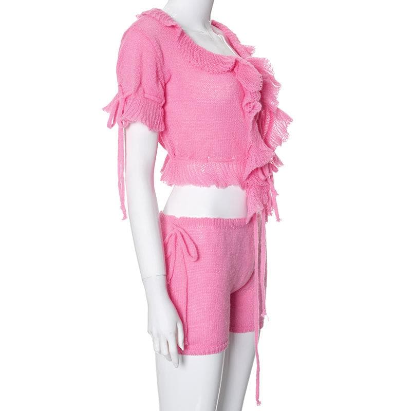 Short sleeve ruffle knitted drawstring ruched pant set