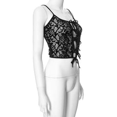 Lace up see through lace backless cami top