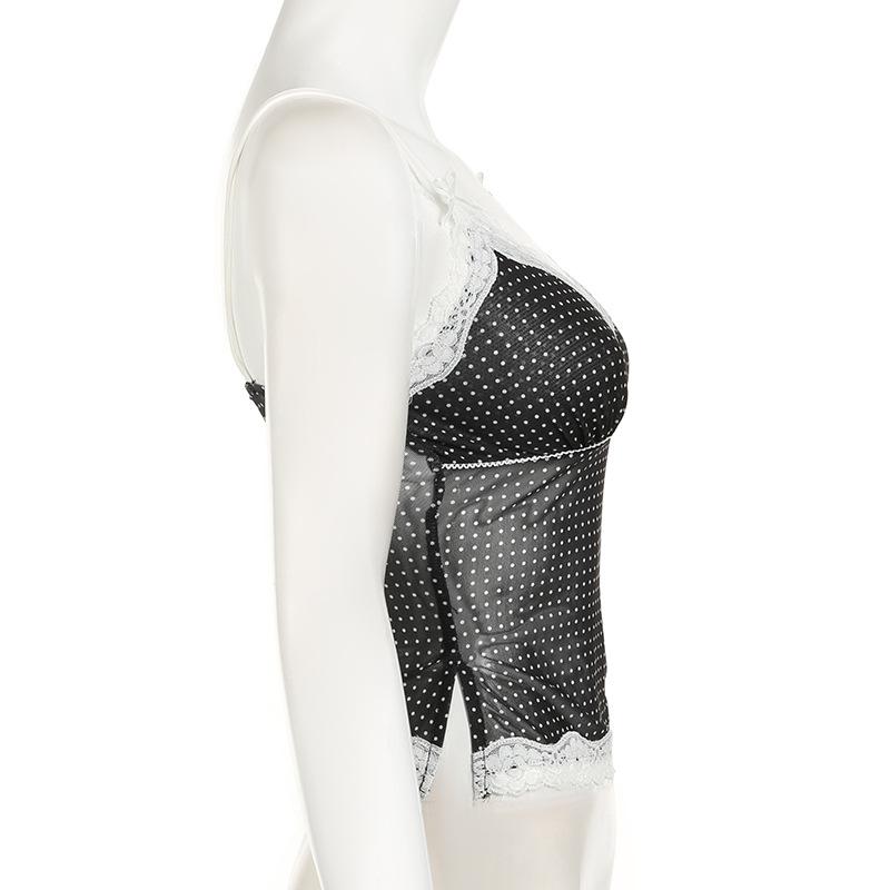 Polka dot lace hem mesh see through cami top